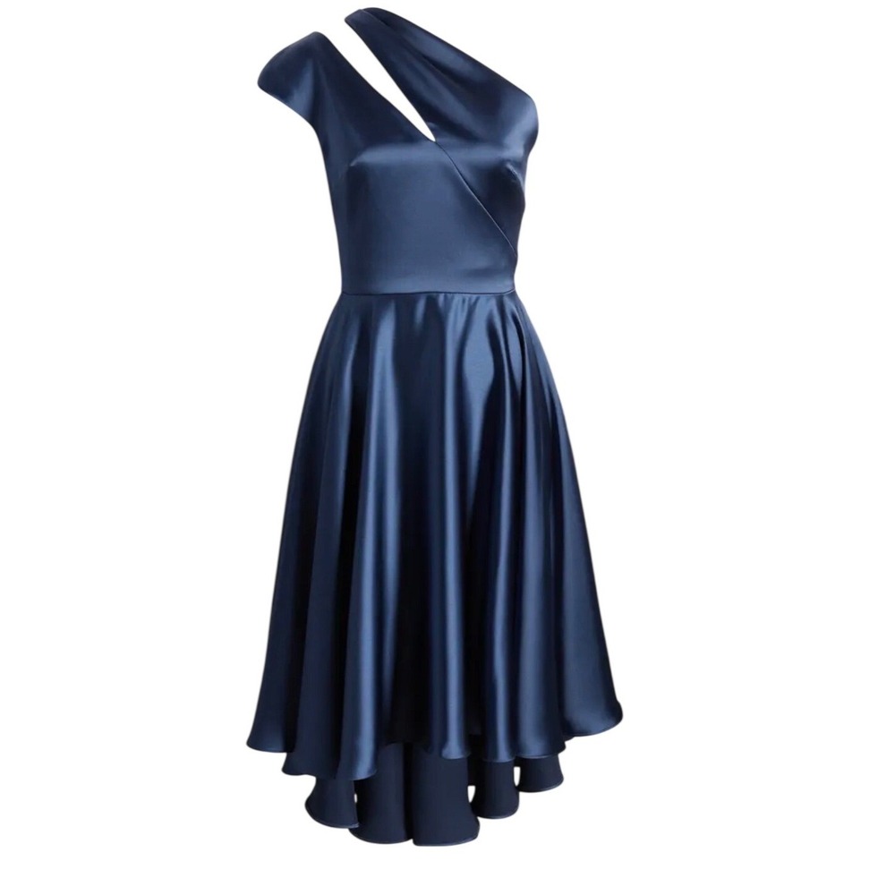 $395 Amsale Women One-Shoulder High-Low Satin Cocktail Dress size 18 French Blue